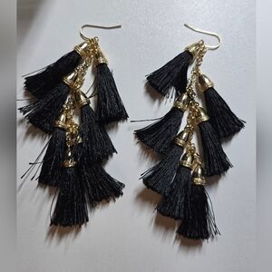 Elegant Black & Gold  Finge Tassel Earrings About 3" Long